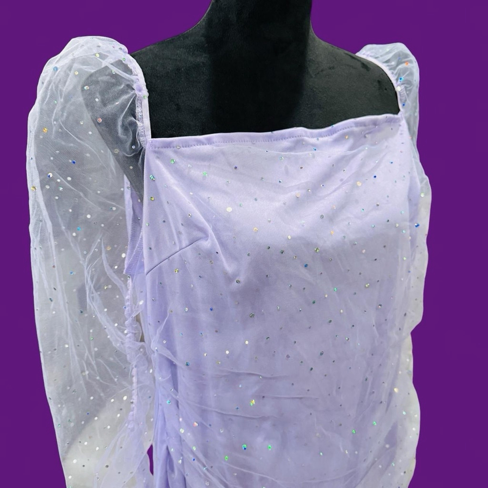 Lavender Sparkle Mini Dress with Sheer Puff Sleeves - Picture 3 of 10